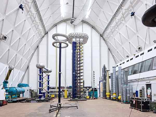A panoramic view of the interior of a high voltage laboratory.